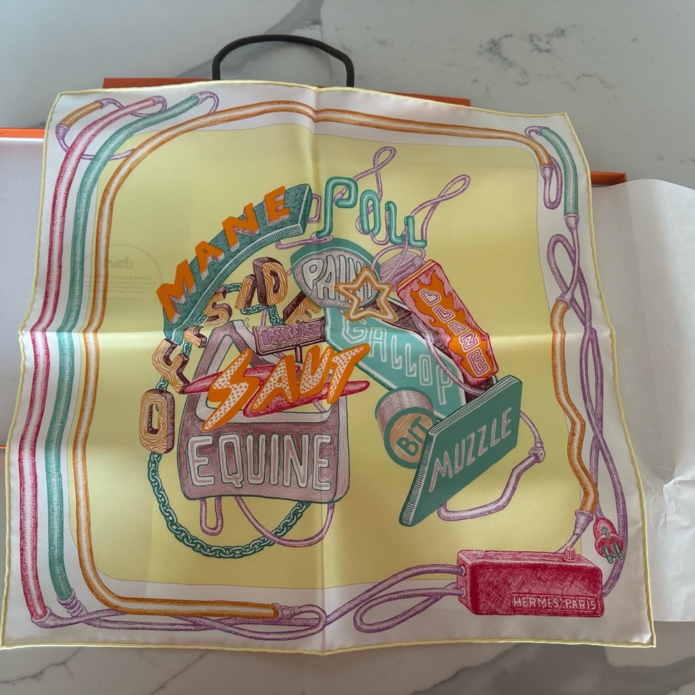Never used/worn Hermes Chevaloscope Neon scarf. 100% silk. - Picture 4 of 10